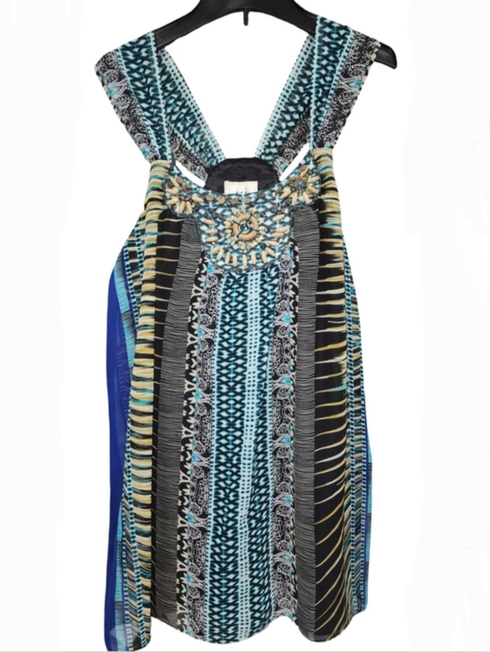 ECI NEW YORK Boho Teal Black Striped Tunic/Mini Dress with Beaded Neckline Sz 4